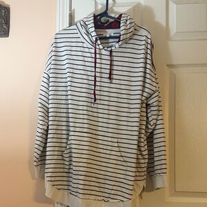 Maurices Cream and Black Striped Hoodie with Red Drawcords